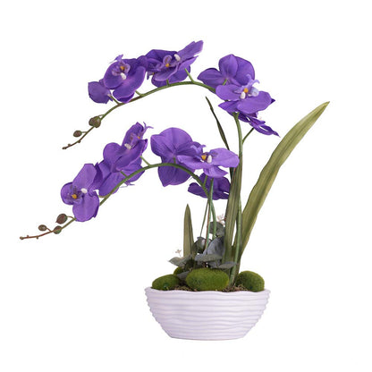 Faux Orchid in Navy Ribbed Ceramic Pot
