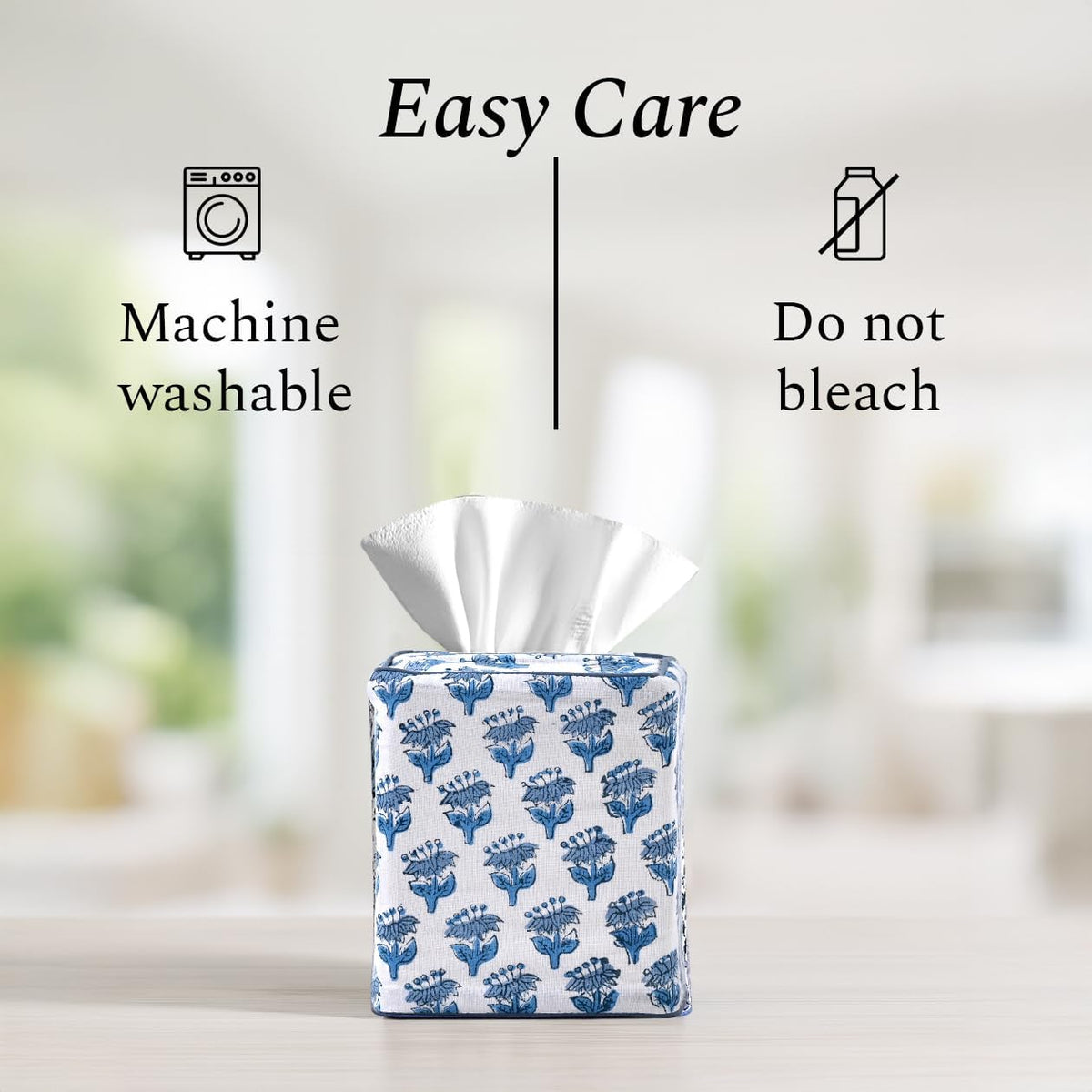 Block Print Cotton Tissue Box Cover, Apatite Blue
