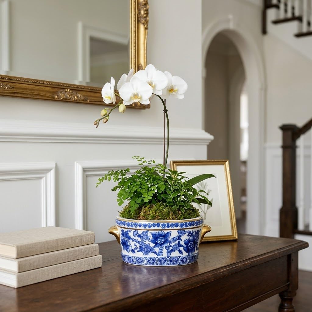 Blue Floral Oval Ceramic Cachepot, 10.6 in