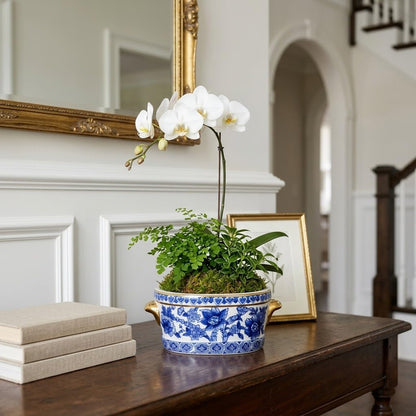 Blue Floral Oval Ceramic Cachepot, 10.6 in