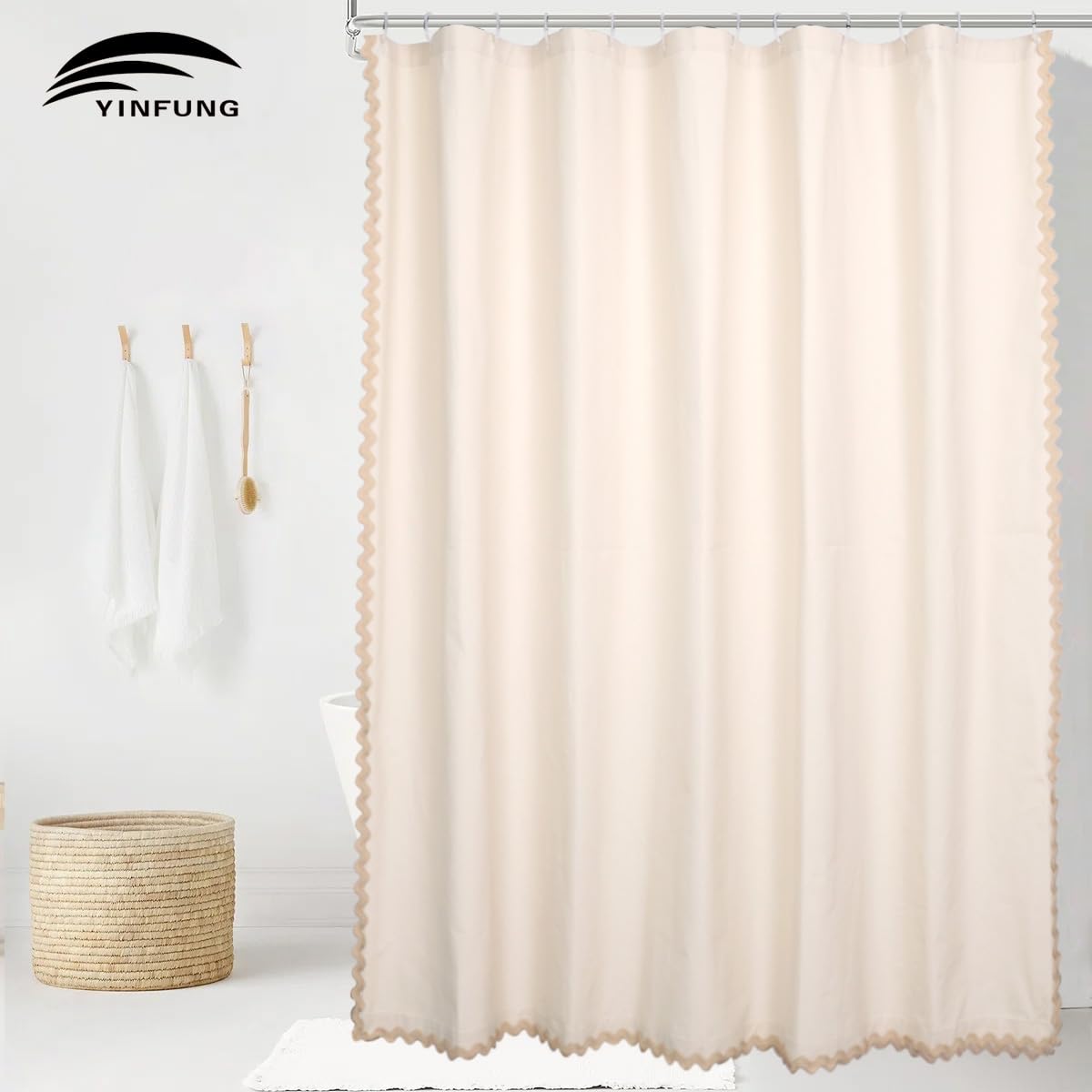 Scalloped Cotton Shower Curtain, White and Blue
