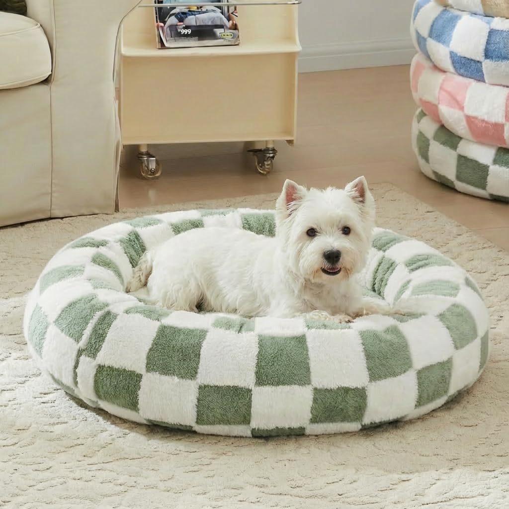 Blue Checkered Round Dog Bed