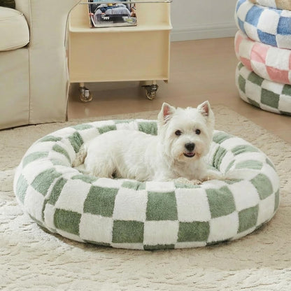 Blue Checkered Round Dog Bed