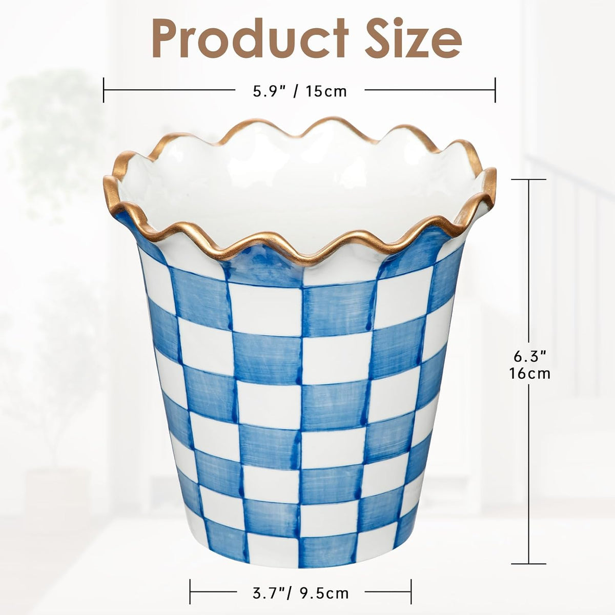 Blue and White Checkered Ceramic Planter, 6 Inch