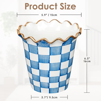 Blue and White Checkered Ceramic Planter, 6 Inch