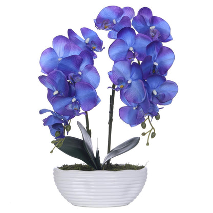 Faux Orchid in Navy Ribbed Ceramic Pot
