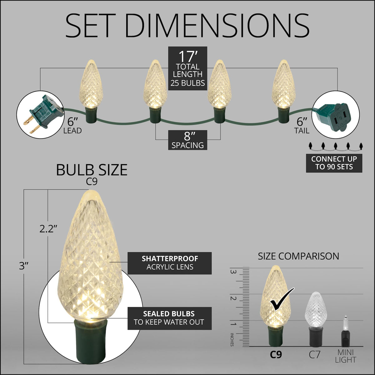 Blue C9 LED Christmas Light Set, 25 Bulbs