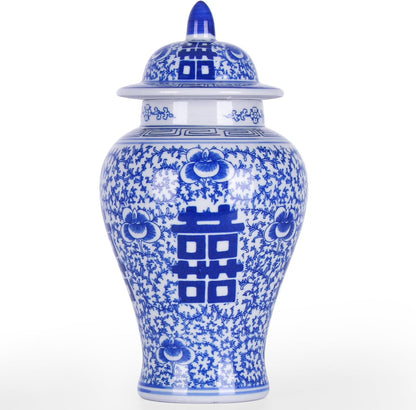 Blue and White Ginger Jar with Lid, 11 Inch