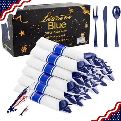 Pre-Rolled Blue Plastic Cutlery with Napkins, 100 Pack