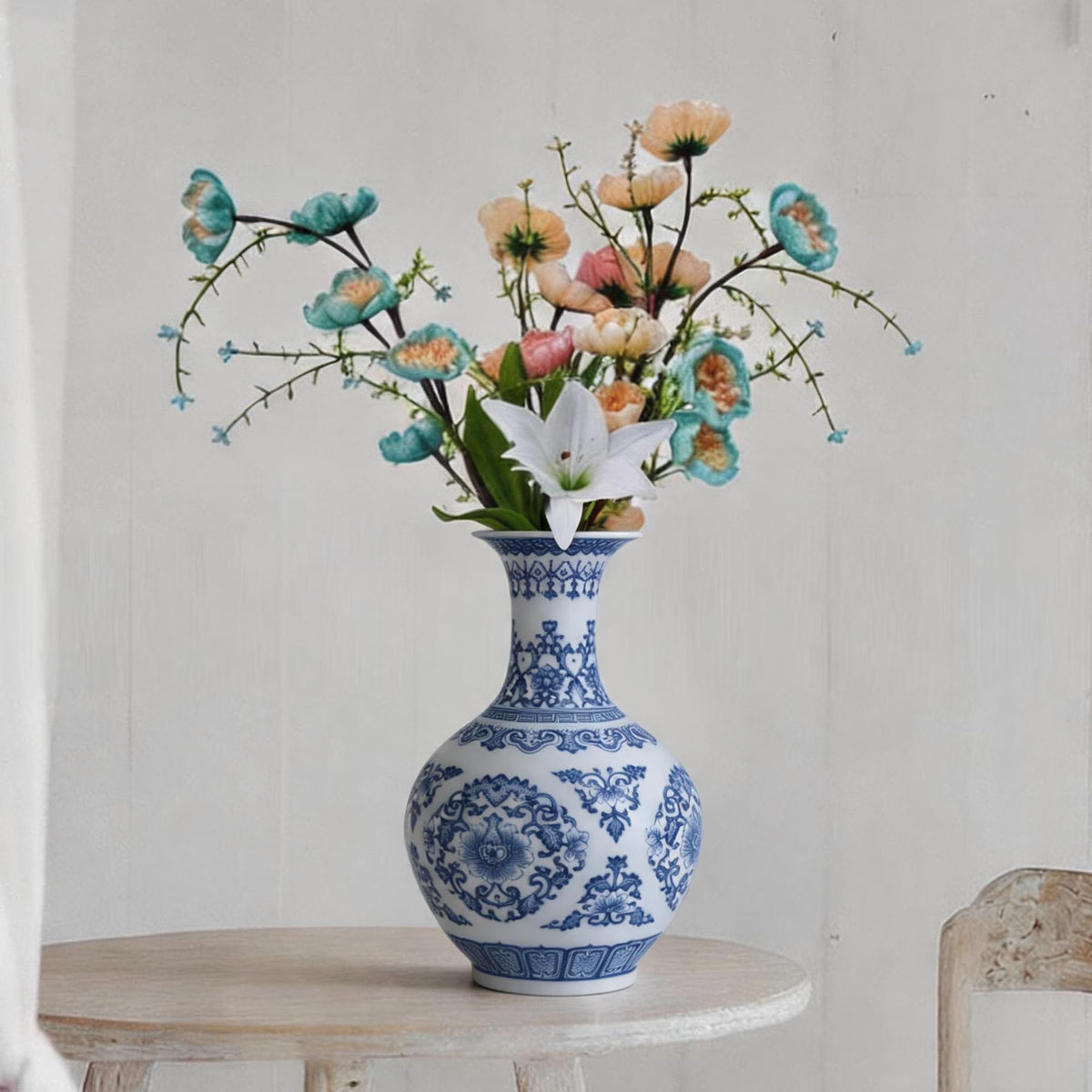 Blue and White Chinoiserie Trumpet Vase, 10 Inch