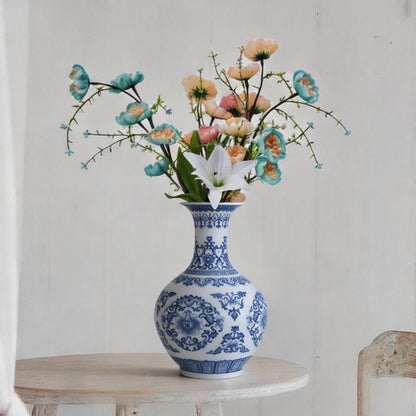 Blue and White Chinoiserie Trumpet Vase, 10 Inch