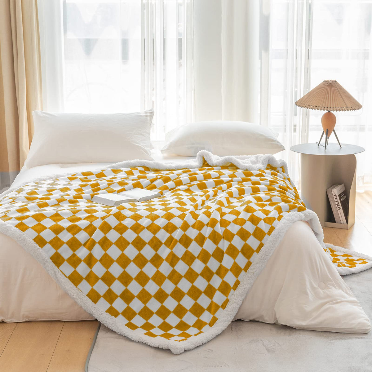 Navy Checkered Sherpa Throw Blanket