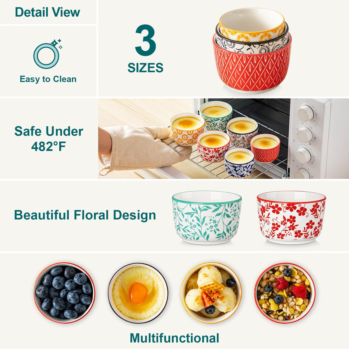 Floral Ceramic Ramekins, Set of 6