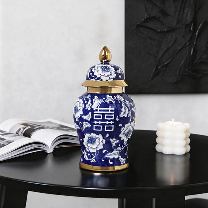 Blue and White Ginger Jar with Gold Trim, 14 Inch