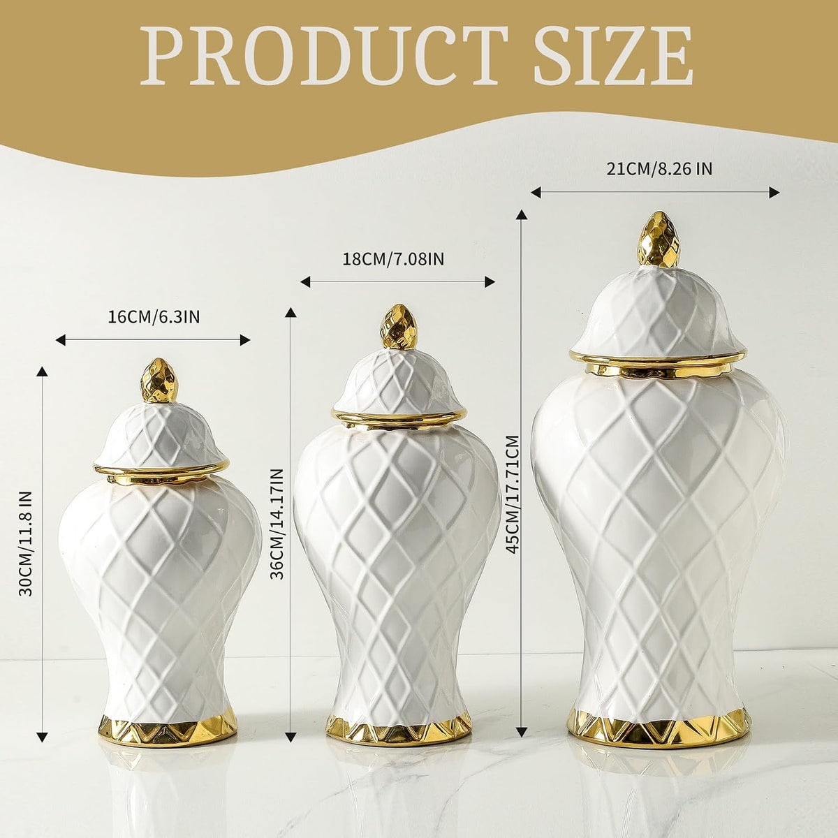 White and Gold Ceramic Ginger Jar, 12 to 18 Inch
