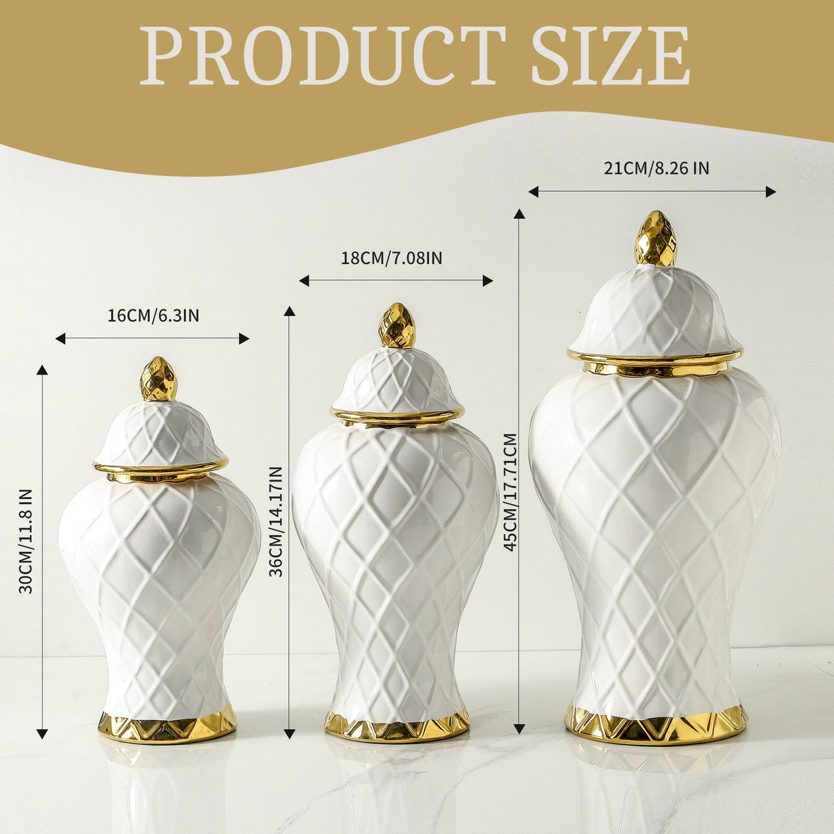 White and Gold Ceramic Ginger Jar, 12 to 18 Inch