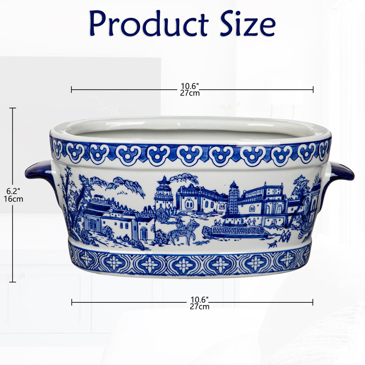 Blue Floral Oval Ceramic Cachepot, 10.6 in