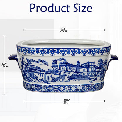 Blue Floral Oval Ceramic Cachepot, 10.6 in