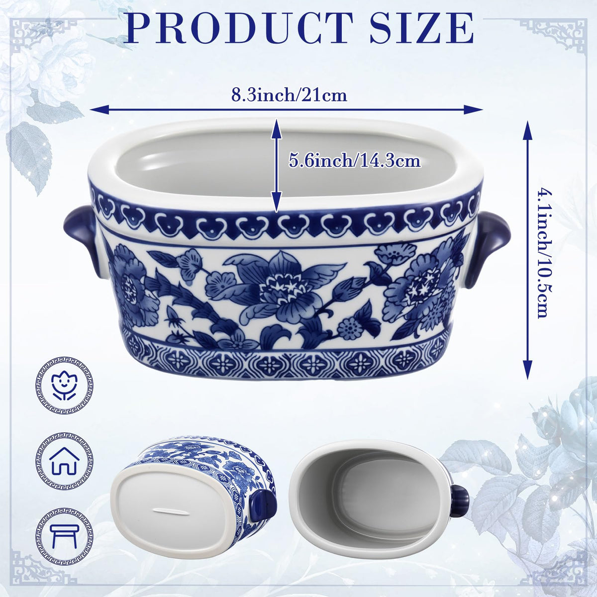 Blue and White Oval Chinoiserie Planters, Set of 2