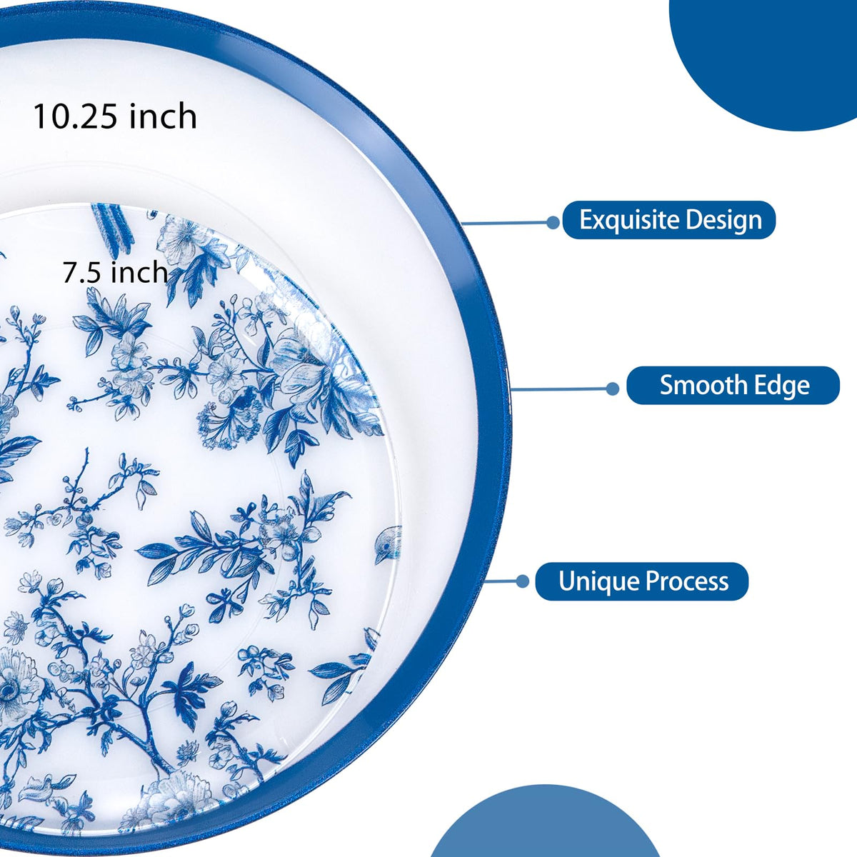 Blue Floral Plastic Plates, 60 Pieces