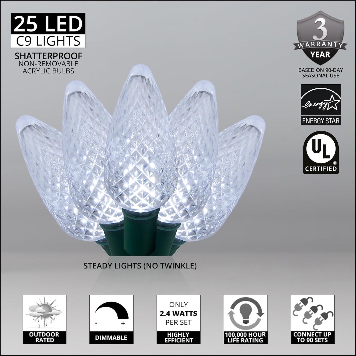 Blue C9 LED Christmas Light Set, 25 Bulbs