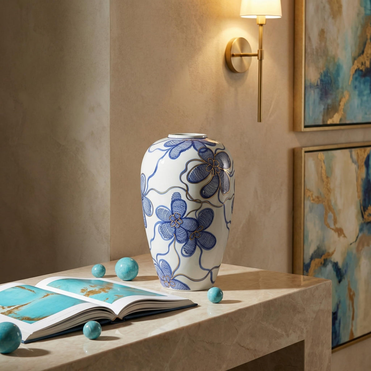 Hand-Painted Blue and White Vase with Gold Accents
