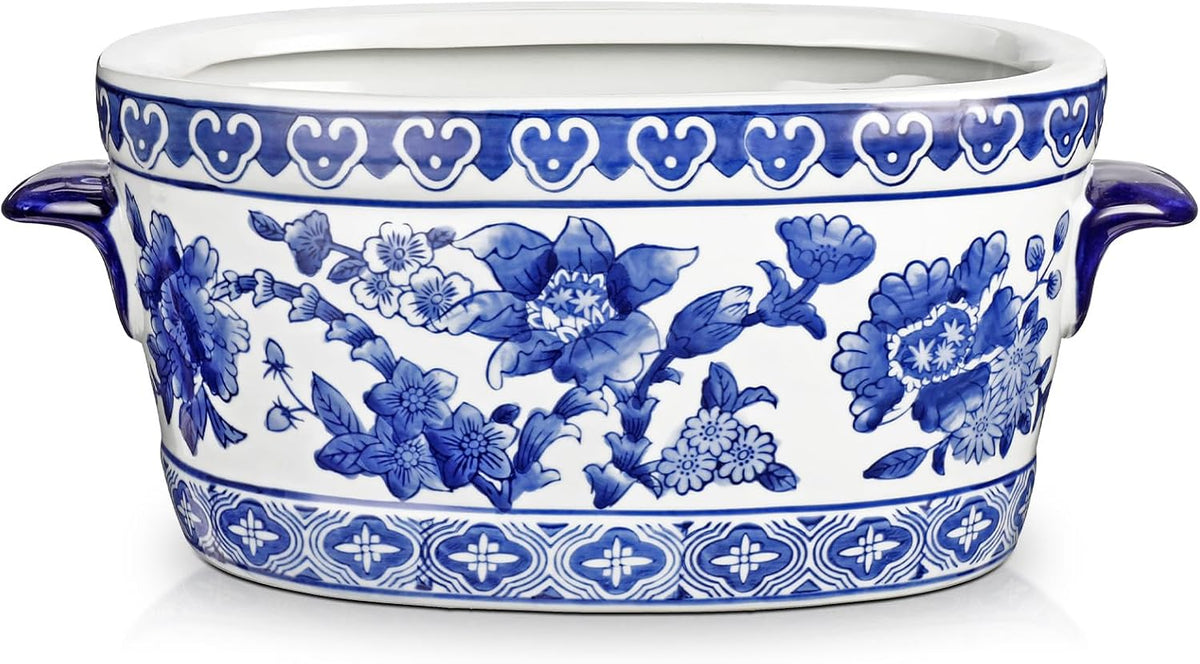 Blue Floral Oval Ceramic Cachepot, 10.6 in