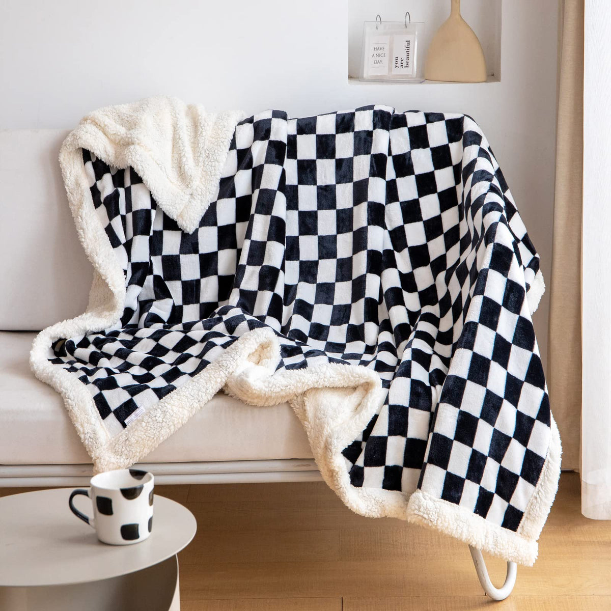 Navy Checkered Sherpa Throw Blanket