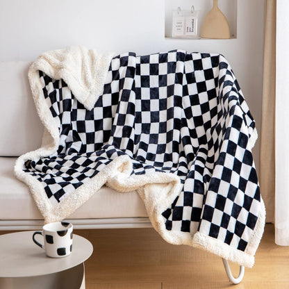 Navy Checkered Sherpa Throw Blanket