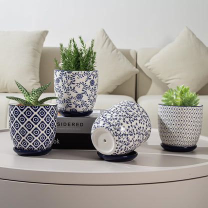Vintage Blue Succulent Pots with Saucers, Set of 4