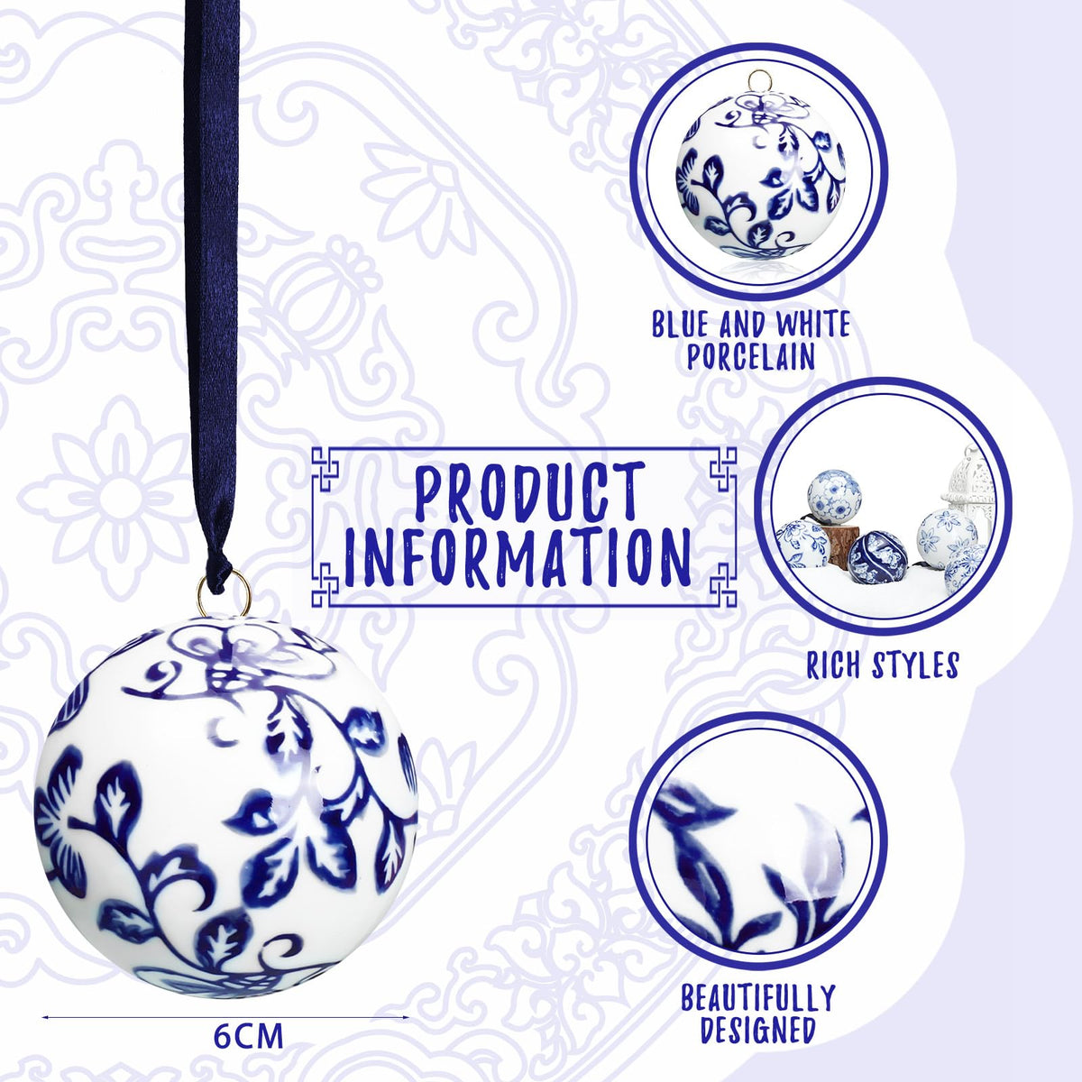 Blue and White Porcelain Christmas Balls, Set of 6 or 12