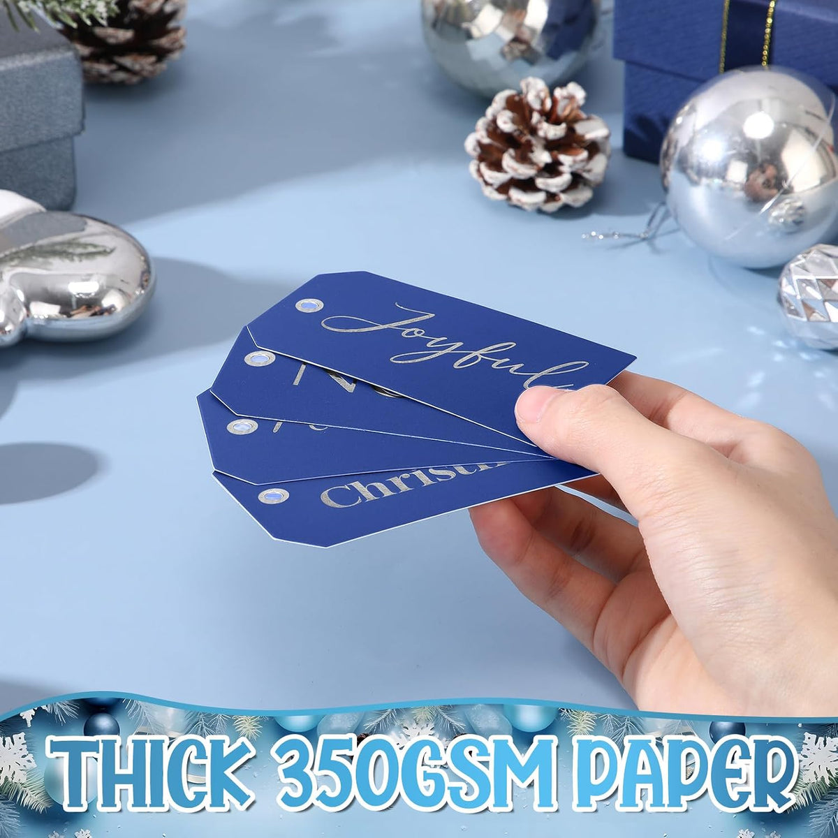 Christmas Gift Tags with Ribbon, 100 Pack, Blue and Silver