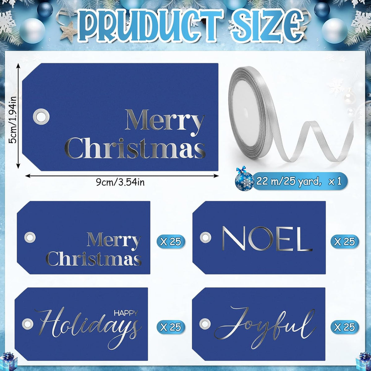 Christmas Gift Tags with Ribbon, 100 Pack, Blue and Silver