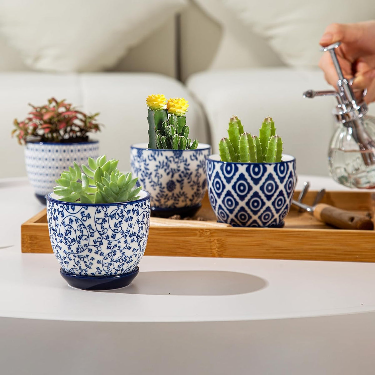 Vintage Blue Succulent Pots with Saucers, Set of 4