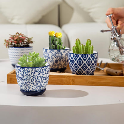 Vintage Blue Succulent Pots with Saucers, Set of 4
