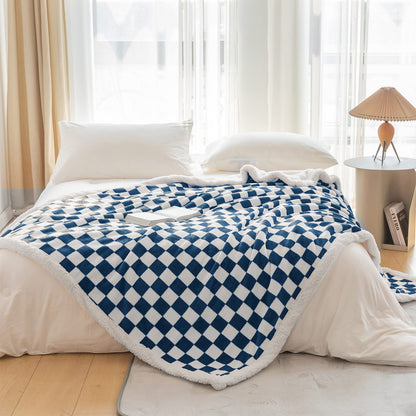 Navy Checkered Sherpa Throw Blanket