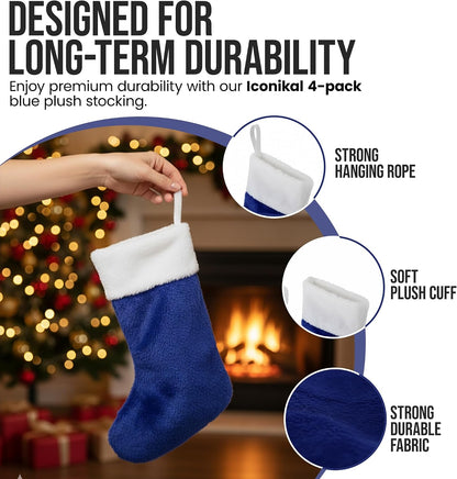 Blue Plush Christmas Stockings, Set of 4