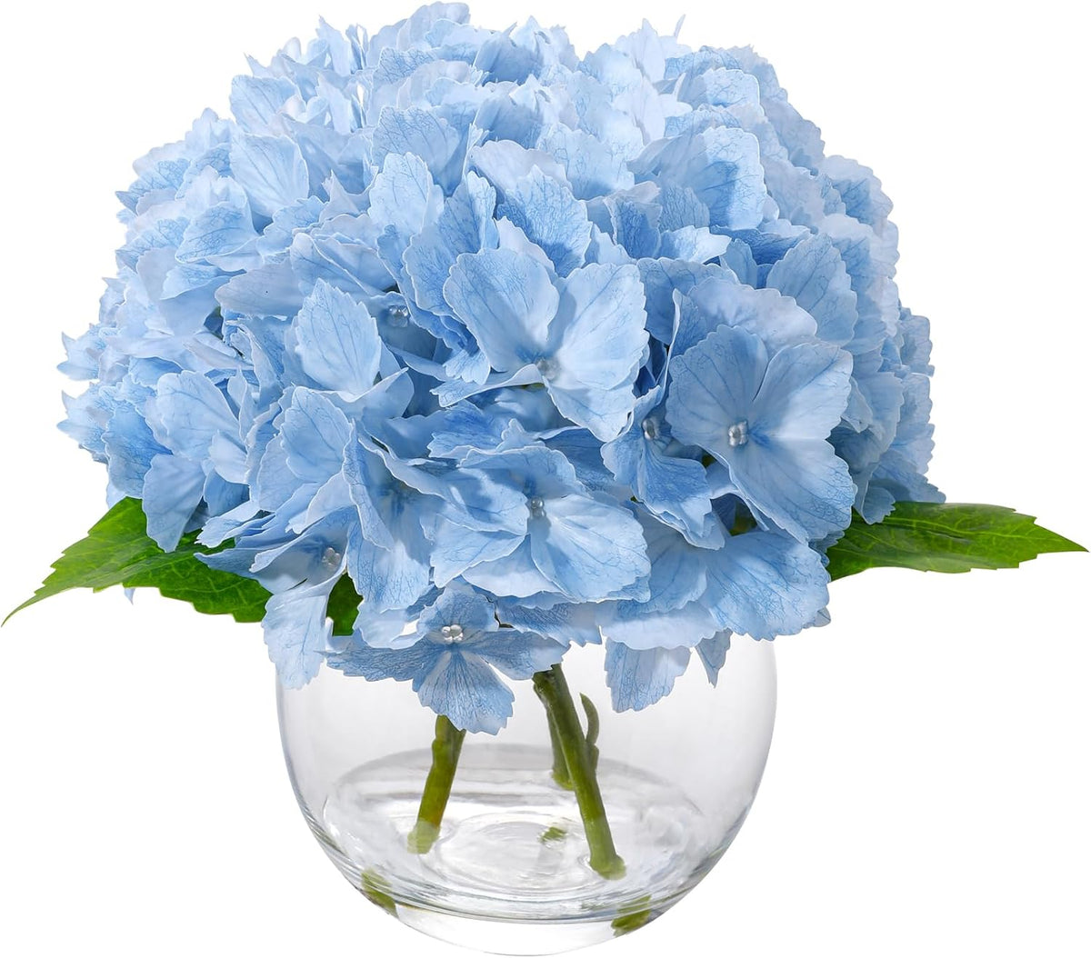 Blue Faux Hydrangea Arrangement in Glass Vase