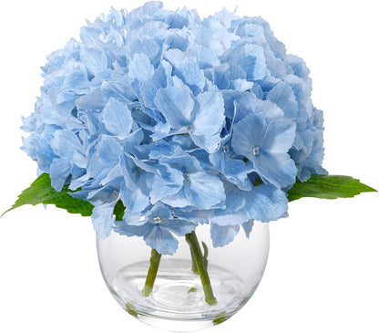 Blue Faux Hydrangea Arrangement in Glass Vase