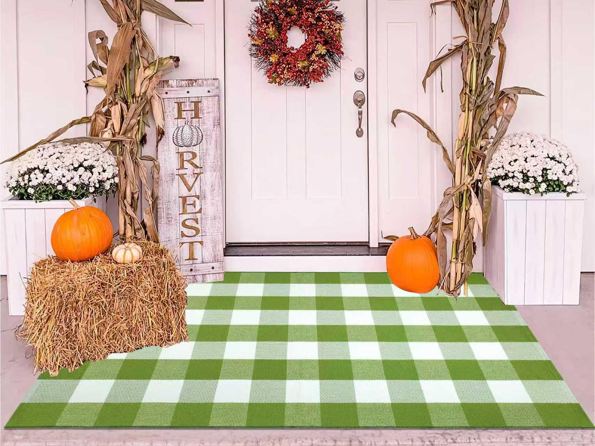 Light Blue Buffalo Plaid Cotton Door Mat, 24x35