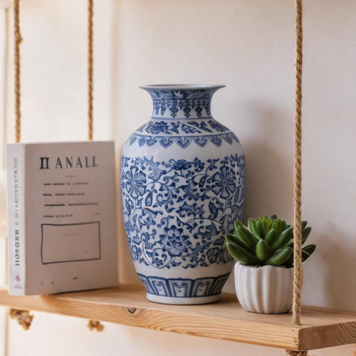 Blue and White Chinoiserie Trumpet Vase, 10 Inch
