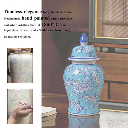 Blue and White Ginger Jar with Gold Trim, 14 Inch