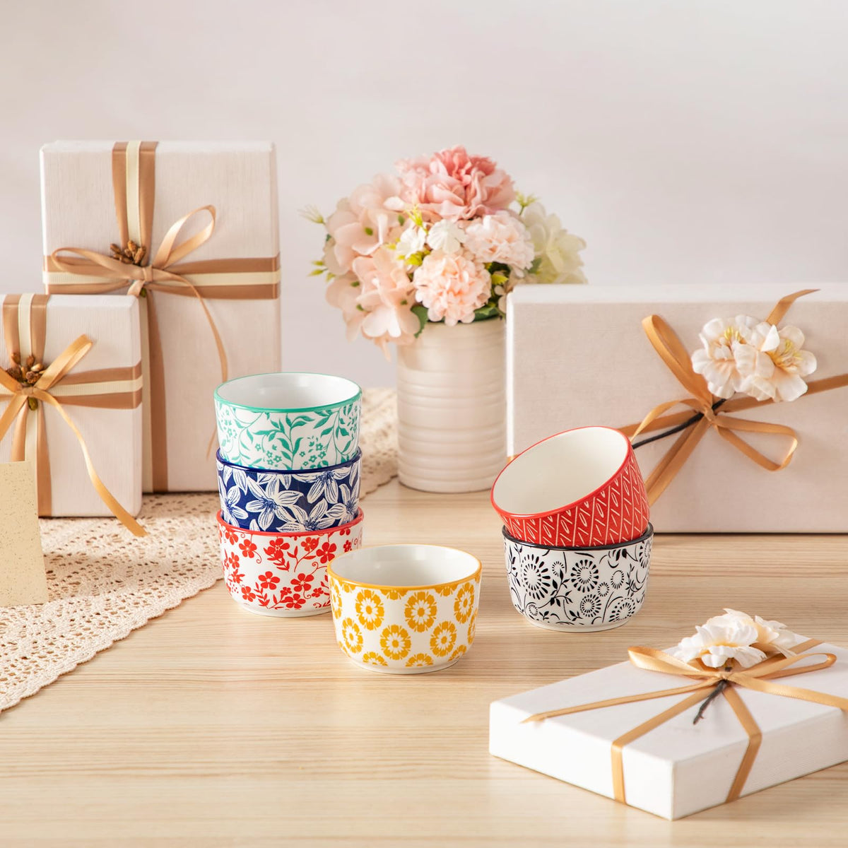 Floral Ceramic Ramekins, Set of 6