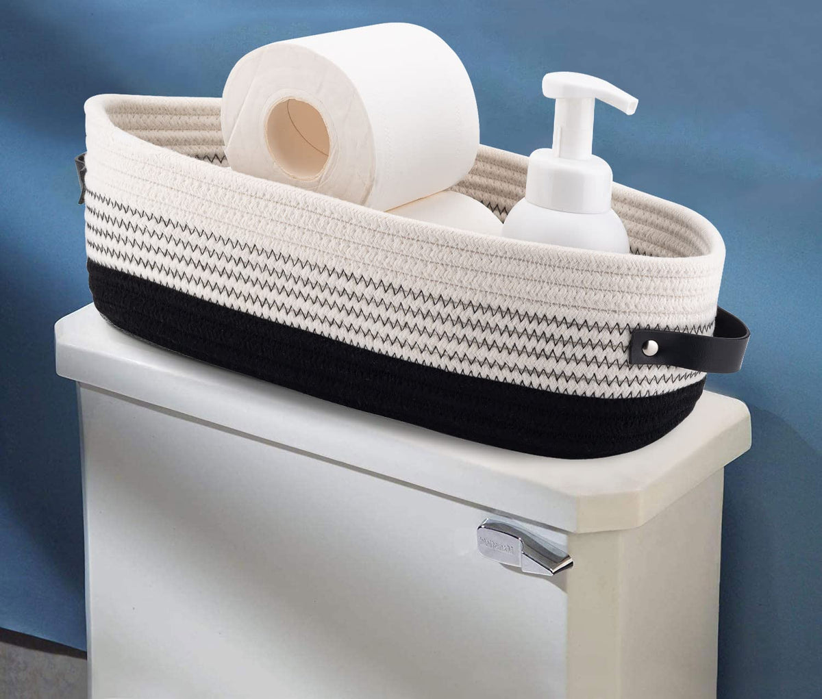Woven Cotton Rope Toilet Tank Basket, Navy and White