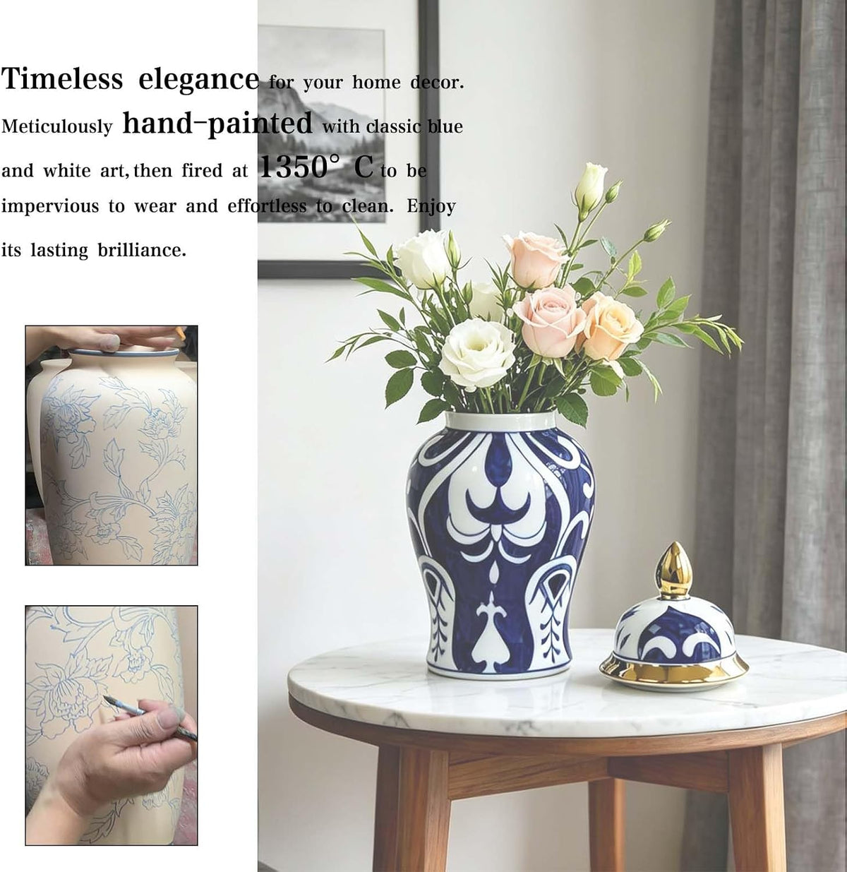 Blue and White Ginger Jar with Gold Trim, 14 Inch