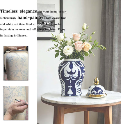 Blue and White Ginger Jar with Gold Trim, 14 Inch
