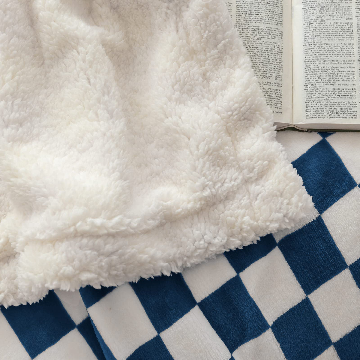 Navy Checkered Sherpa Throw Blanket