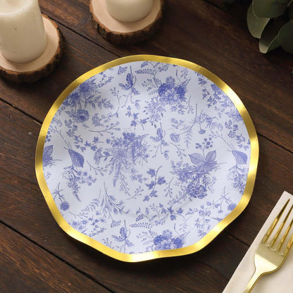 Blue and White Chinoiserie Dessert Plates with Gold Rim, 25 Pack