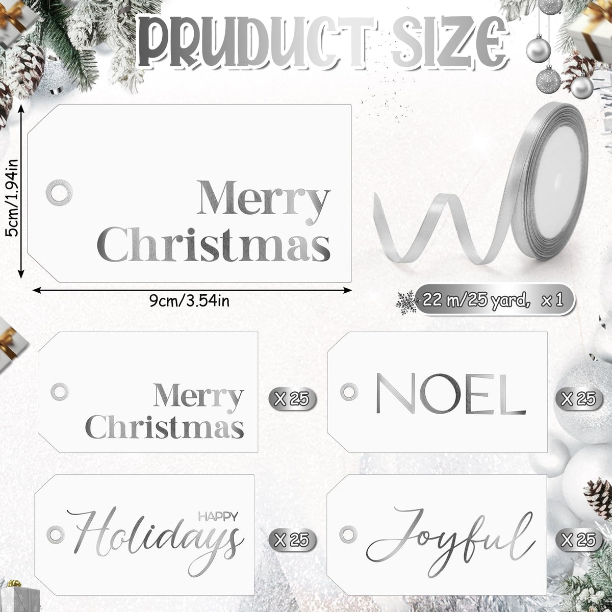 Christmas Gift Tags with Ribbon, 100 Pack, Blue and Silver