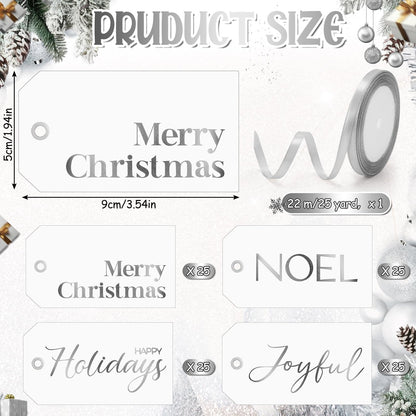 Christmas Gift Tags with Ribbon, 100 Pack, Blue and Silver